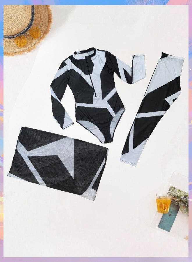 Fianser Swimwear 3-Piece Swimsuits Set Long Sleeve With Chiffon Wrap Skirt Geometric Prints Fashion Beachwear Sun UV Protection Diving Suit Surfing Suit Quick Dry Swimming Costume With Zipper Long Pants - Image 4